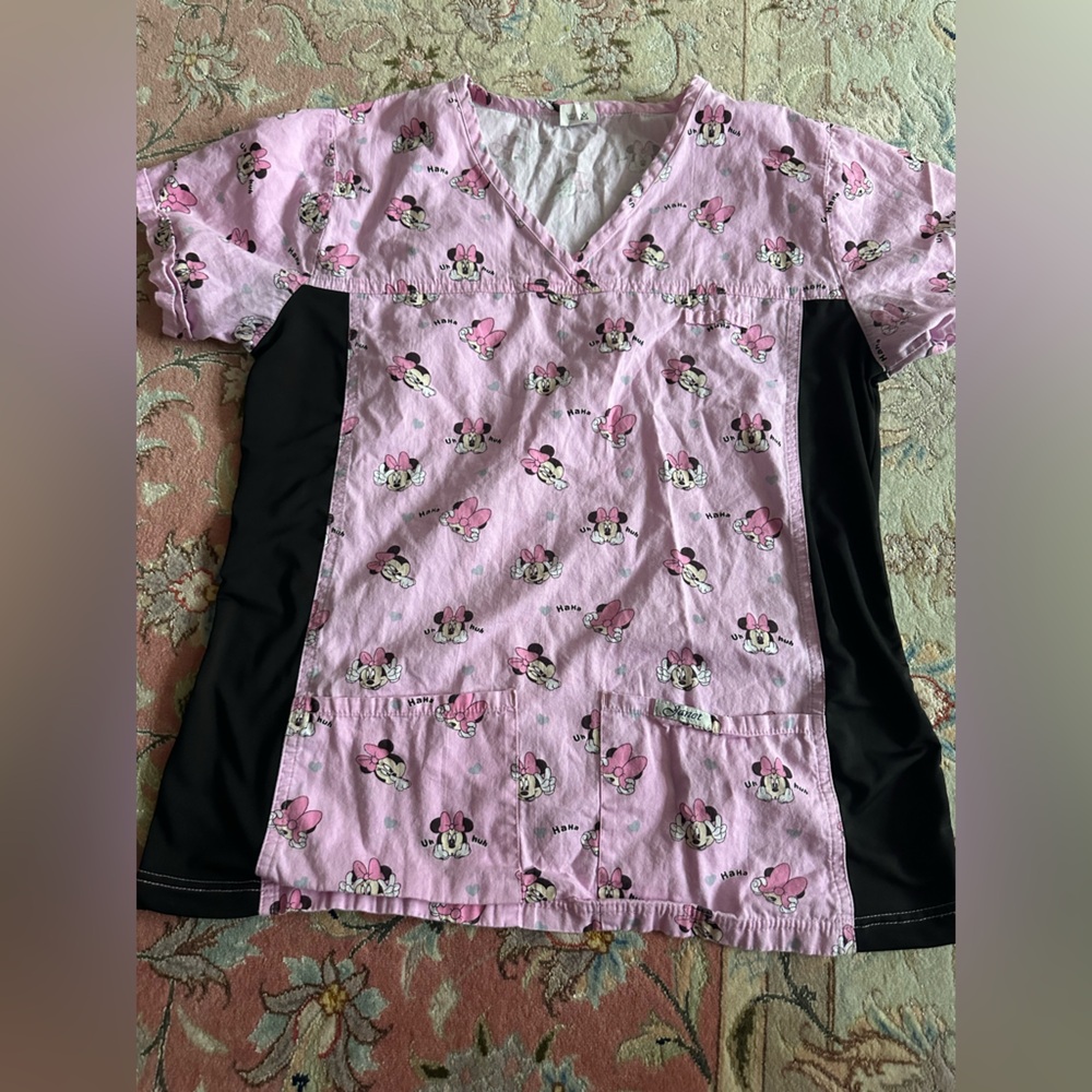 Vintage Pink Minnie Mouse Cotton Top Cartoon Print | Size L | Pre-Loved Scrubbed